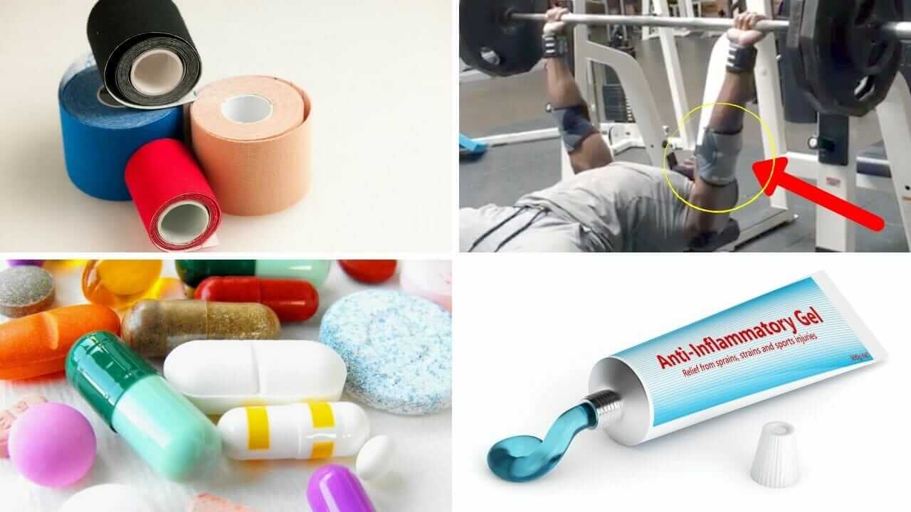 Illustration of painkillers, anti-inflammatory gel, kinesiology tape and elbow sleeve