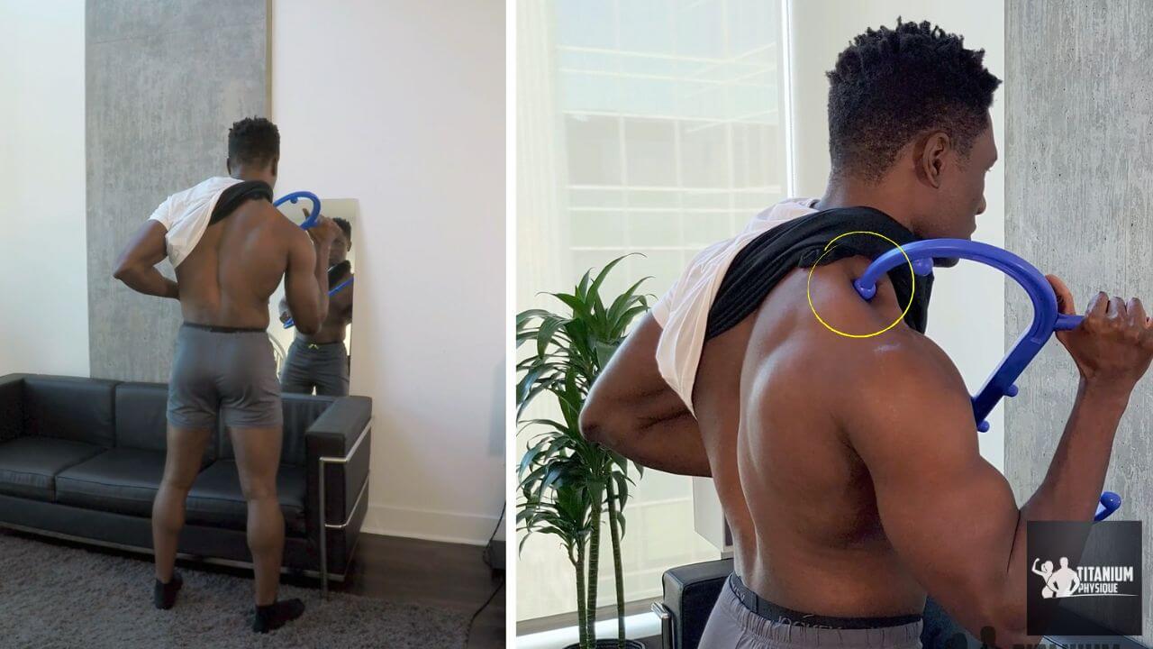 Nurudeen performs an exercise to treat upper trapezius muscle