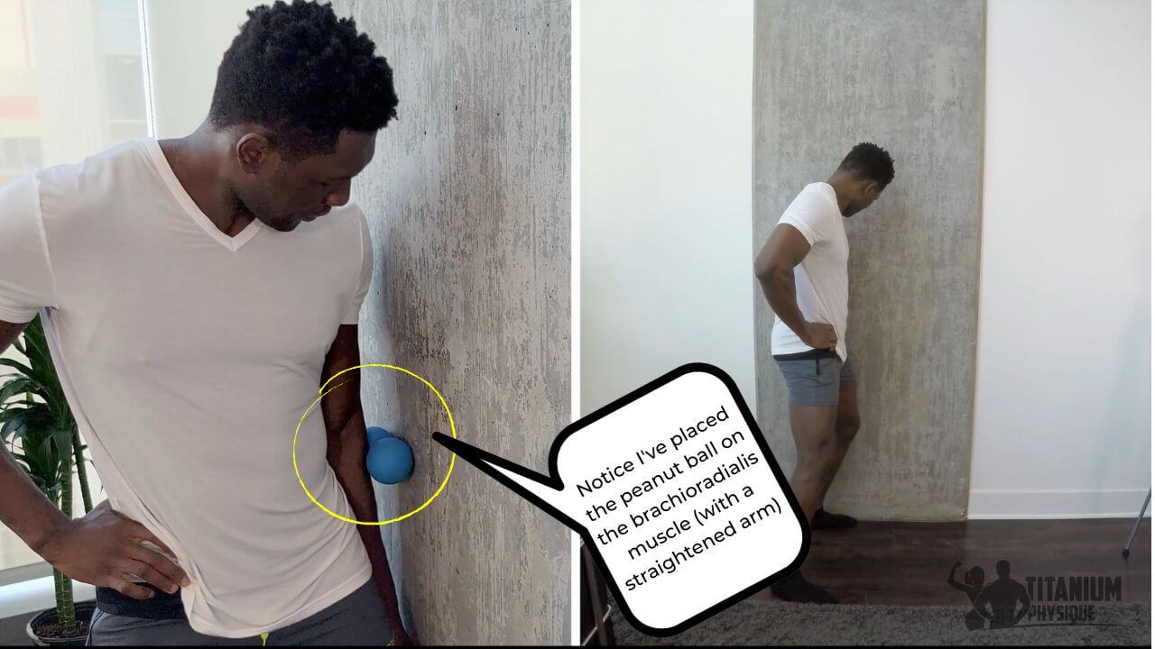 Nurudeen performs a self-massage exercise on the brachioradialis