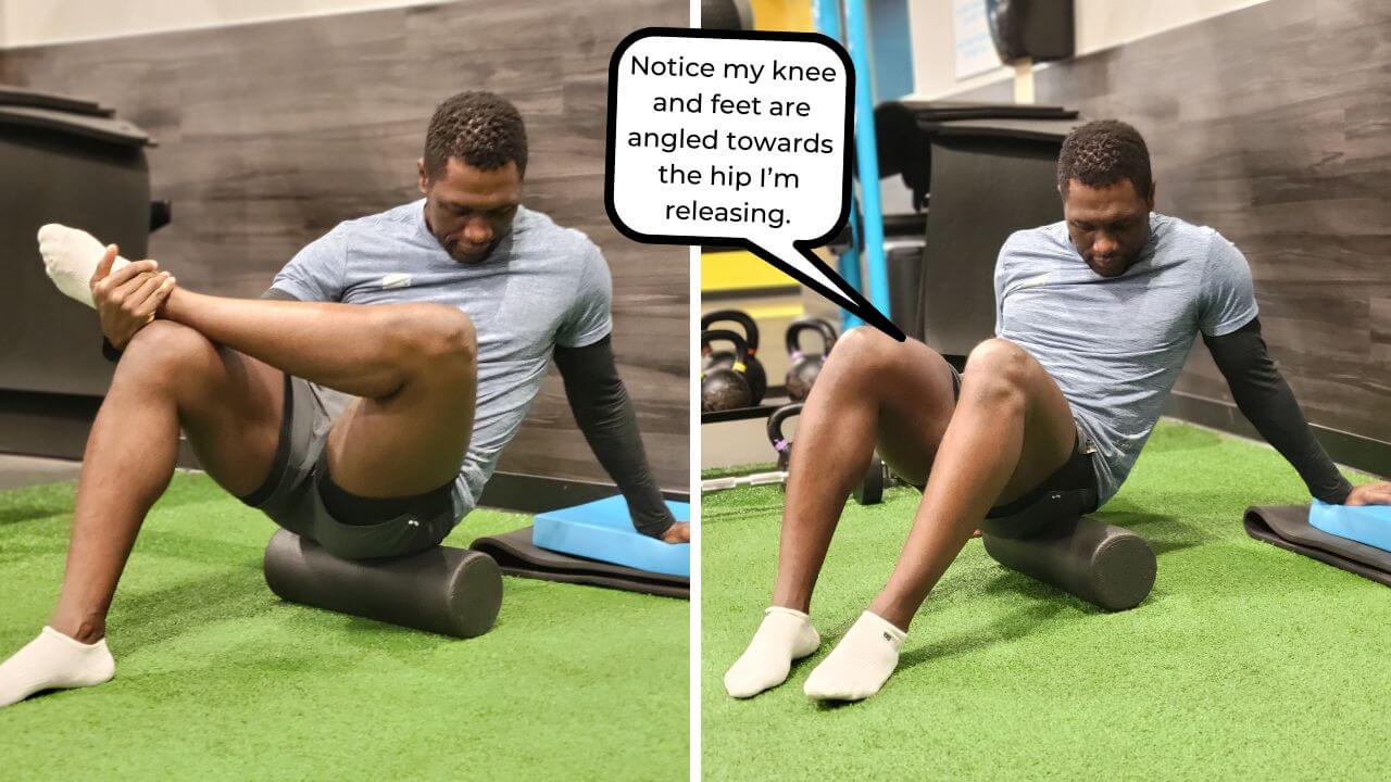 piriformis exercise Nurudeen performs a piriformis muscle self-massage exercise