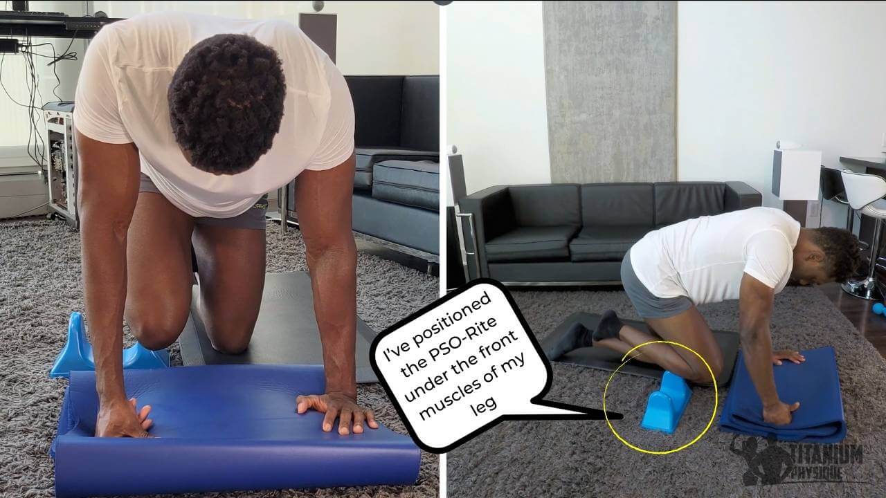 Nurudeen performs a tibialis anterior self-massage exercise for shin splints