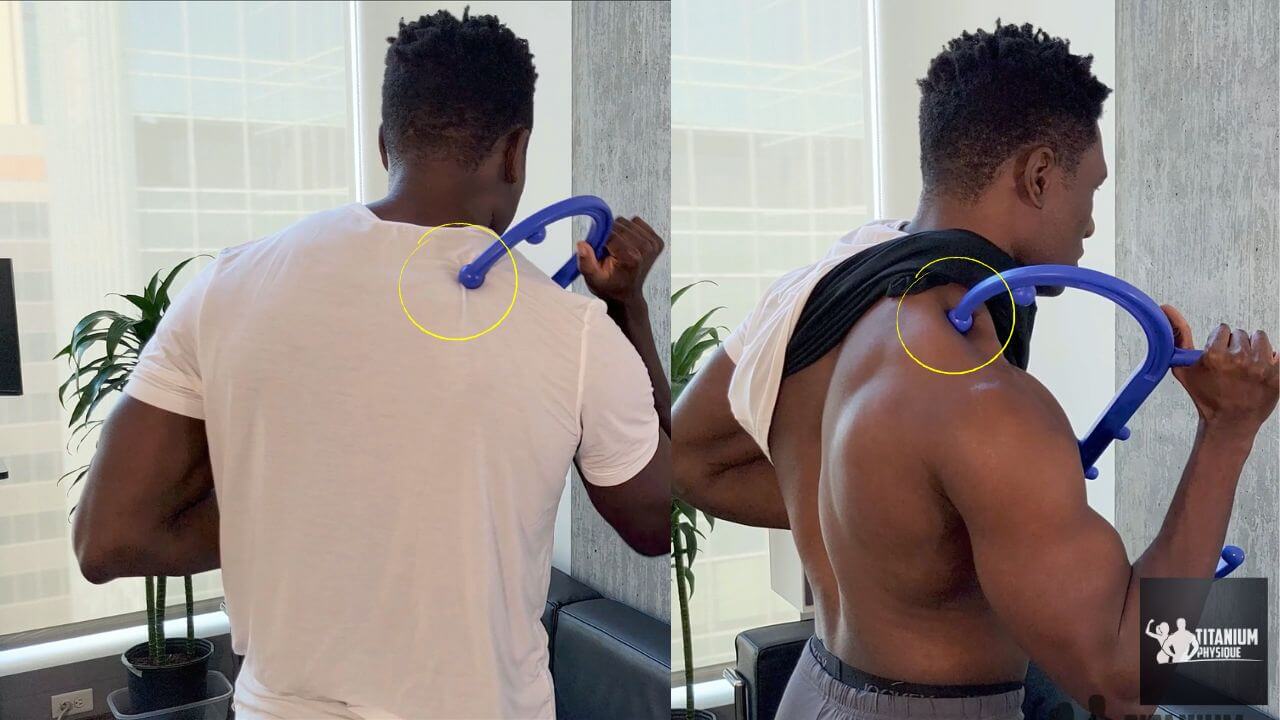 Nurudeen performs a trapezius self-massage exercise
