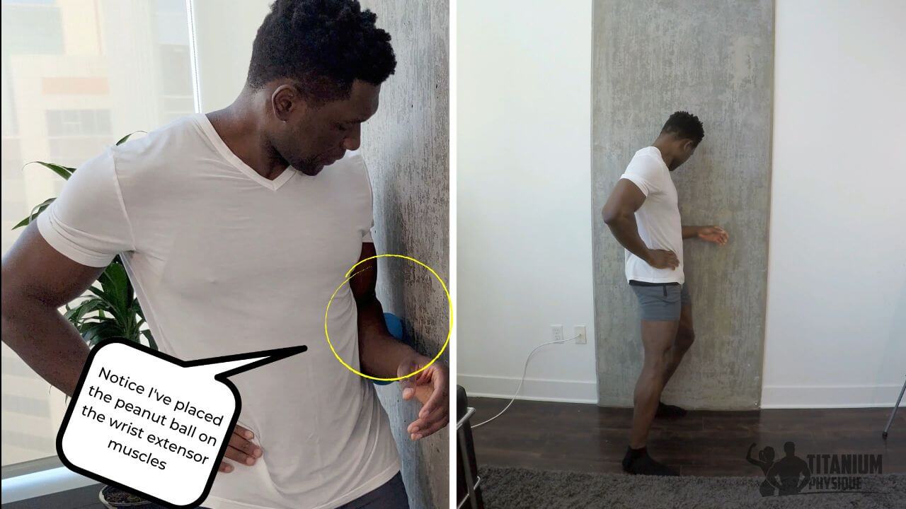 Nurudeen performs a self-massage exercise for the wrist extensors