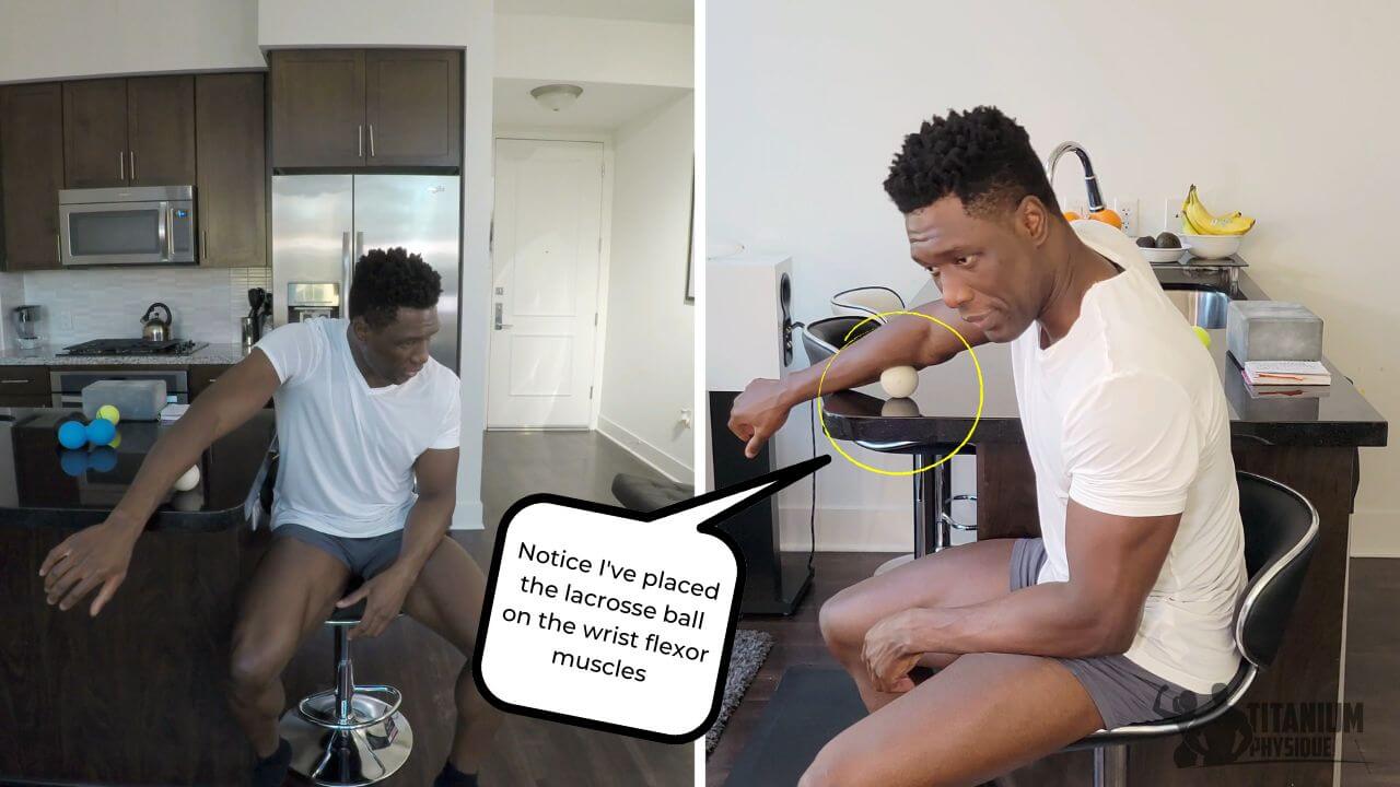 Nurudeen performs a self-massage exercise for the wrist flexors